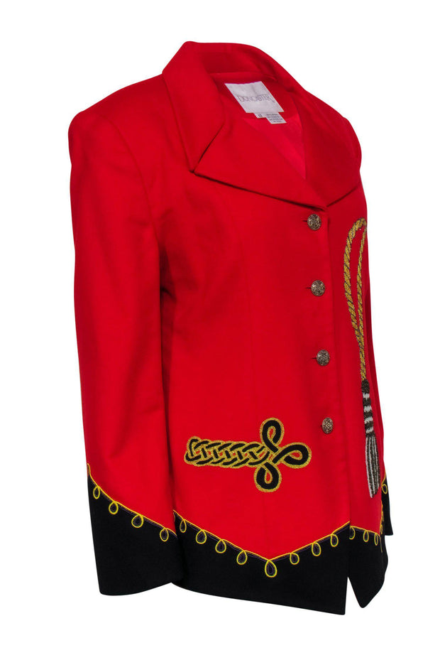 Current Boutique-Doncaster - Red Wool Trimmed Blazer w/ Embroidery & Beaded Tassel Sz 12