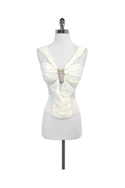 Current Boutique-Donna Karan - Cream Jersey Gathered Mesh Tank Sz L