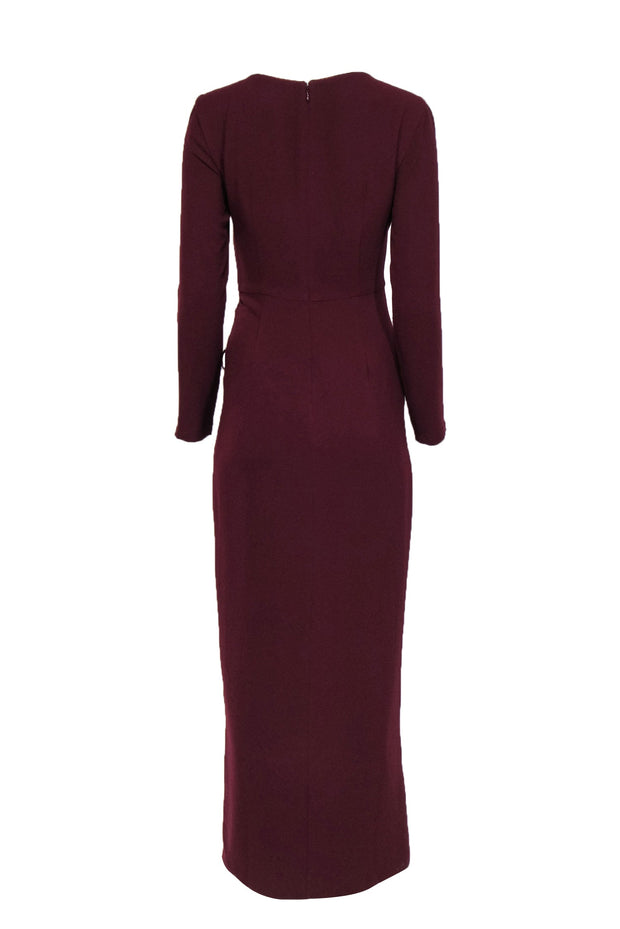 Current Boutique-Dress the Population - Burgundy Long Sleeve Knotted Draped Gown w/ Cutout Sz S