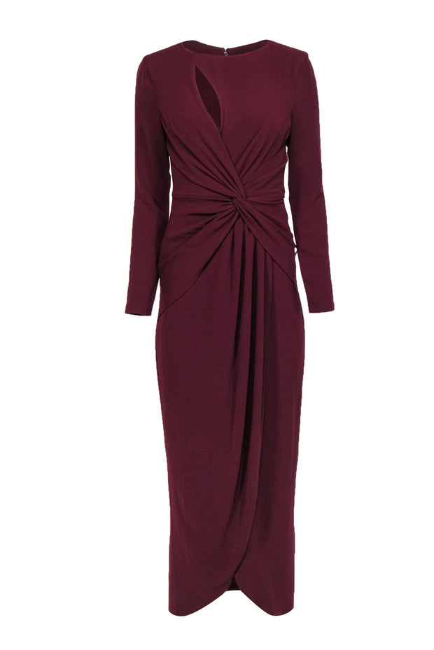 Current Boutique-Dress the Population - Burgundy Long Sleeve Knotted Draped Gown w/ Cutout Sz S