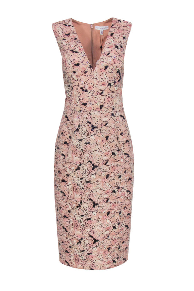 Current Boutique-Dress the Population - Cream & Pink Embroidered Sheath Dress w/ Sequins Sz L