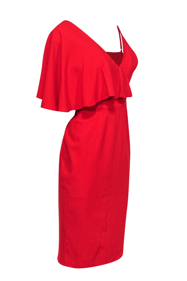 Current Boutique-Dress the Population - Red Fitted Midi Dress w/ One Shoulder Ruffle Sz M