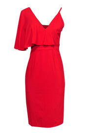 Current Boutique-Dress the Population - Red Fitted Midi Dress w/ One Shoulder Ruffle Sz M