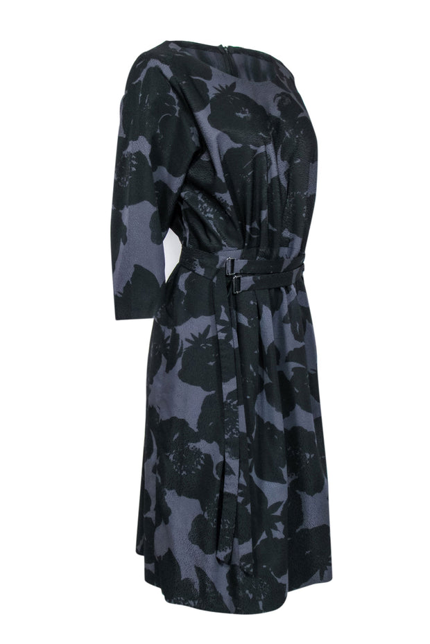 Current Boutique-Dries Van Noten - Black & Grey Floral Textured Fit & Flare Dress Sz 12