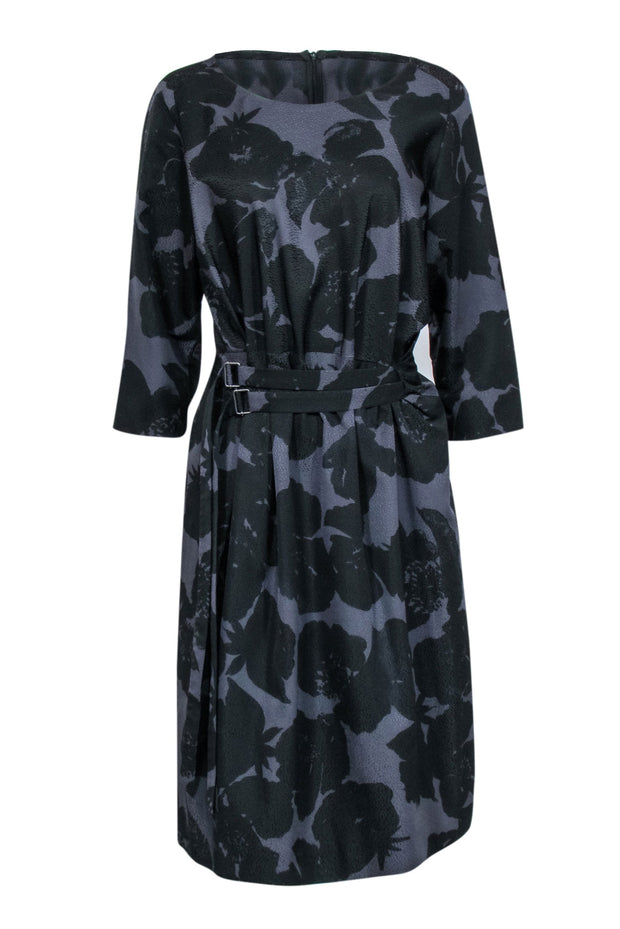 Current Boutique-Dries Van Noten - Black & Grey Floral Textured Fit & Flare Dress Sz 12