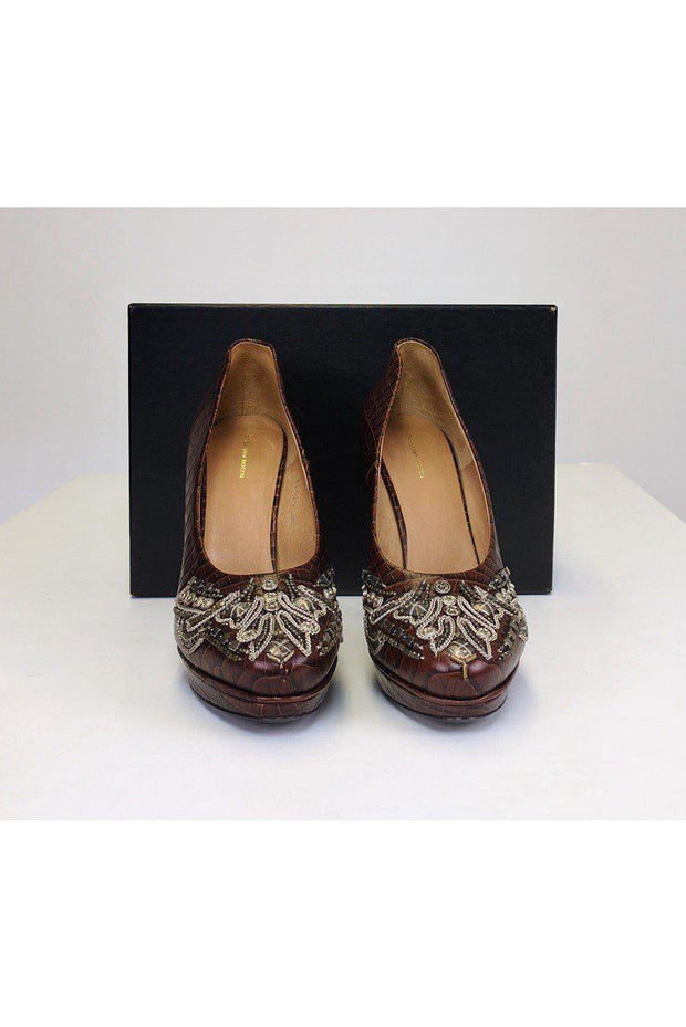 Current Boutique-Dries Van Noten - Brown Leather Pumps w/ Silver Beading Sz 9