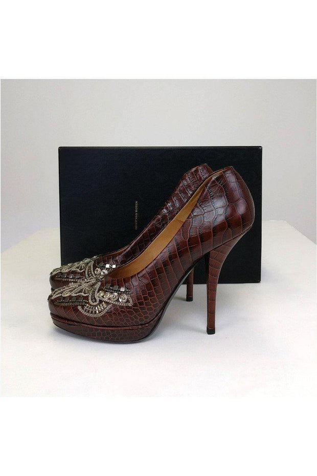 Current Boutique-Dries Van Noten - Brown Leather Pumps w/ Silver Beading Sz 9