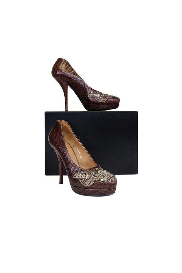 Current Boutique-Dries Van Noten - Brown Leather Pumps w/ Silver Beading Sz 9