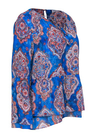 Current Boutique-Ecru - Blue & Multicolor Bohemian Print Blouse w/ Tassels & Peplum Hem Sz L