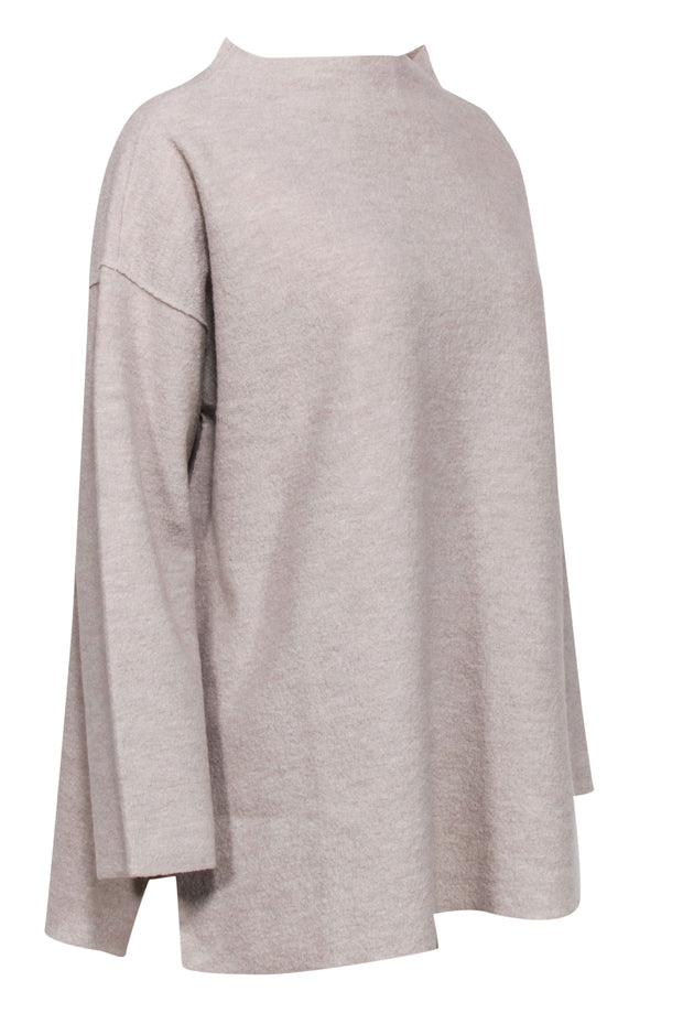 Current Boutique-Eileen Fisher - Beige Textured Funnel Neck Wool Sweater Sz L