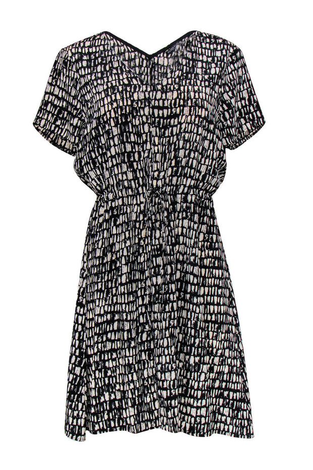 Current Boutique-Eileen Fisher - Black & Grey Print Short Sleeve Silk Dress w/ Drawstring Waist Sz PM