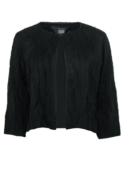 Current Boutique-Eileen Fisher - Black Silk Crinkled Crop Cardigan Sz MP