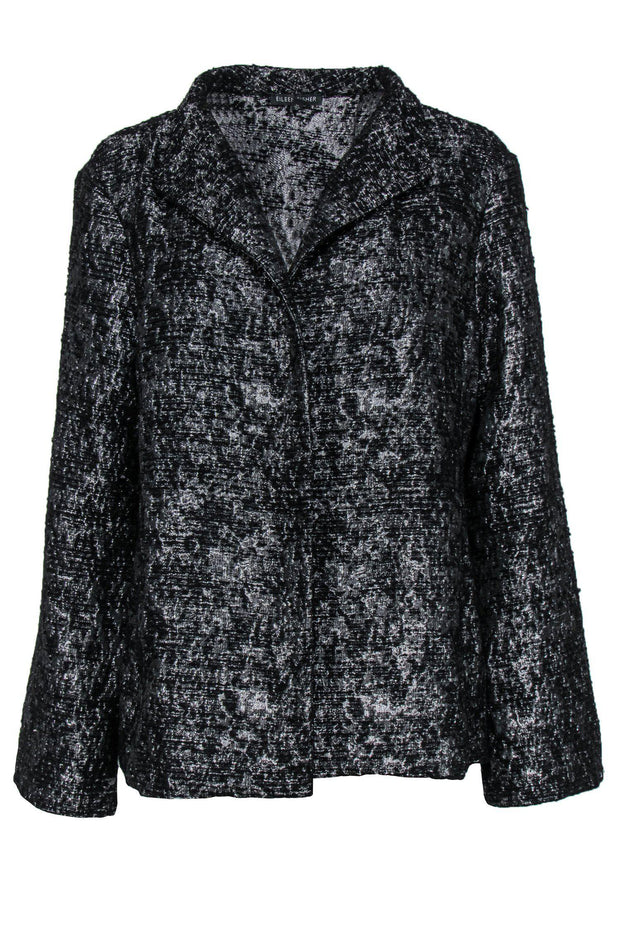 Current Boutique-Eileen Fisher - Black & Silver Textured Open-Front Jacket Sz L