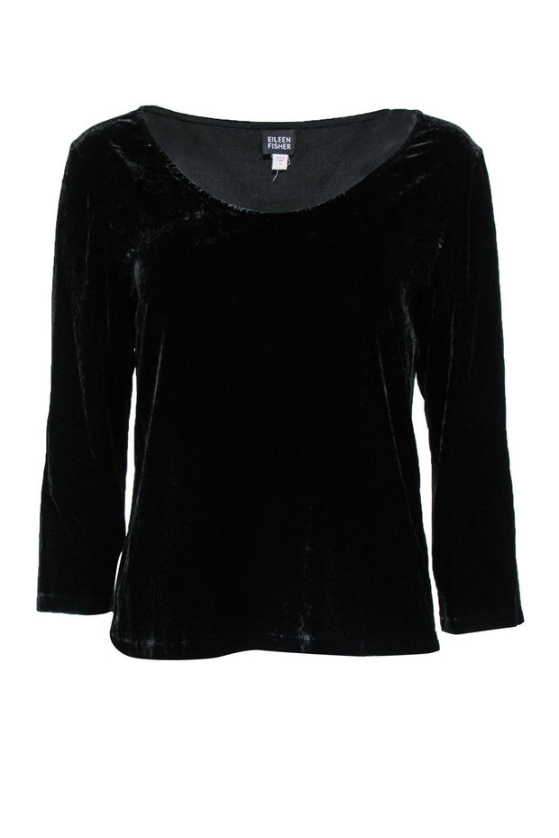 Current Boutique-Eileen Fisher - Black Velvet Three-Quarter Sleeve Top Sz S