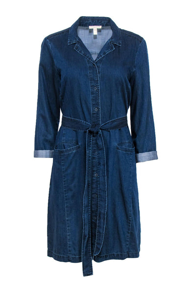 Current Boutique-Eileen Fisher - Dark Wash Chambray Button-Up Long Sleeve Belted Shirt Dress Sz PM