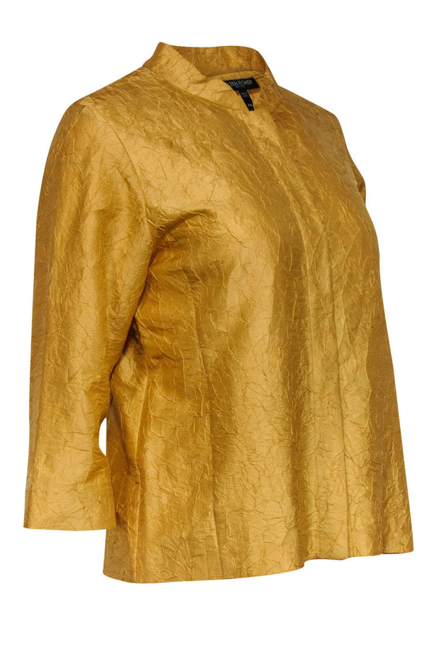 Current Boutique-Eileen Fisher - Gold Crinkle Textured Cropped Sleeve Button-Up Silk Blouse Sz PM