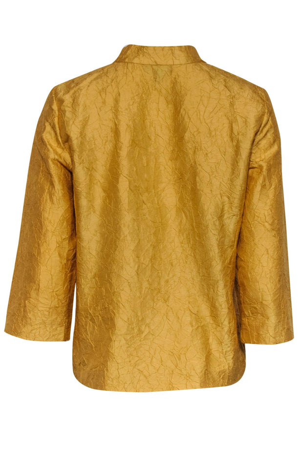 Current Boutique-Eileen Fisher - Gold Crinkle Textured Cropped Sleeve Button-Up Silk Blouse Sz PM