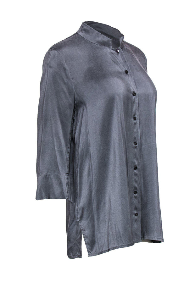 Current Boutique-Eileen Fisher - Grey Silk Button Down Blouse Sz S