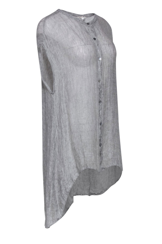 Current Boutique-Eileen Fisher - Grey Woven Button-Up Cap Sleeve High-Low Tunic Sz XL