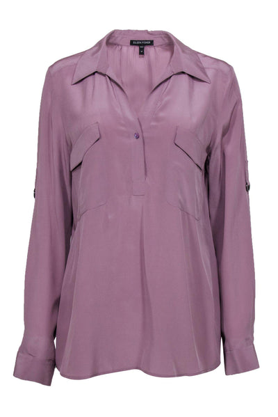 Current Boutique-Eileen Fisher - Lavender Half Button-Up Long Sleeve Silk Blouse Sz M