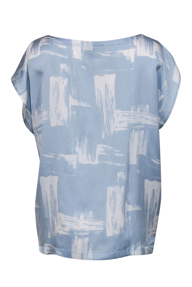 Current Boutique-Eileen Fisher - Light Blue & White Abstract Print Cap Sleeve Blouse Sz L