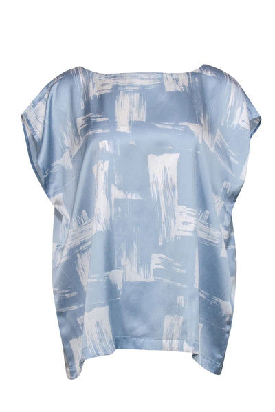 Current Boutique-Eileen Fisher - Light Blue & White Abstract Print Cap Sleeve Blouse Sz L
