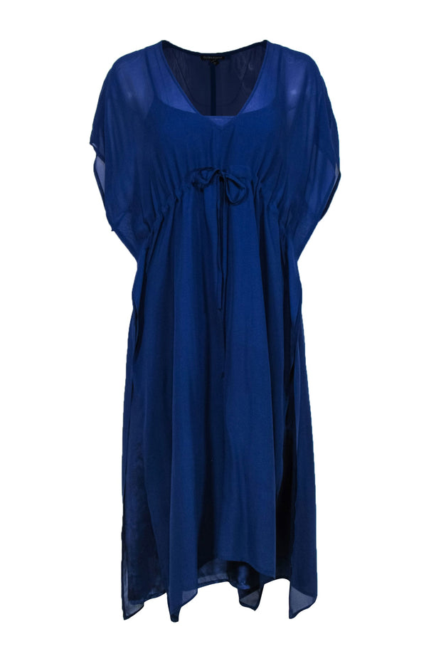 Current Boutique-Eileen Fisher - Navy Cap Sleeve Drawstring Silk Midi Dress Sz M