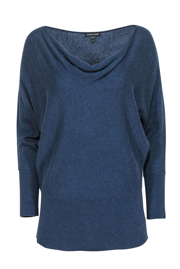 Current Boutique-Eileen Fisher - Navy Cowl Neck Dolman Sleeve Tunic-Style Sweater Sz M