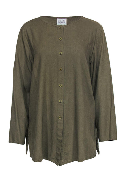 Current Boutique-Eileen Fisher - Olive Green Silk Button Down Blouse Sz 2