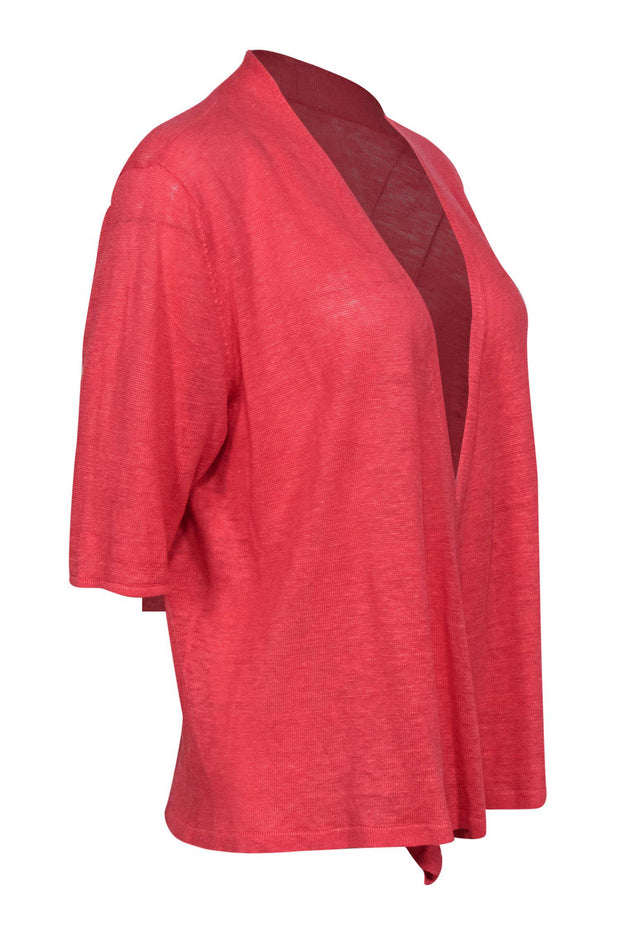 Current Boutique-Eileen Fisher - Pink Short Sleeve Knit Open Linen Cardigan Sz L