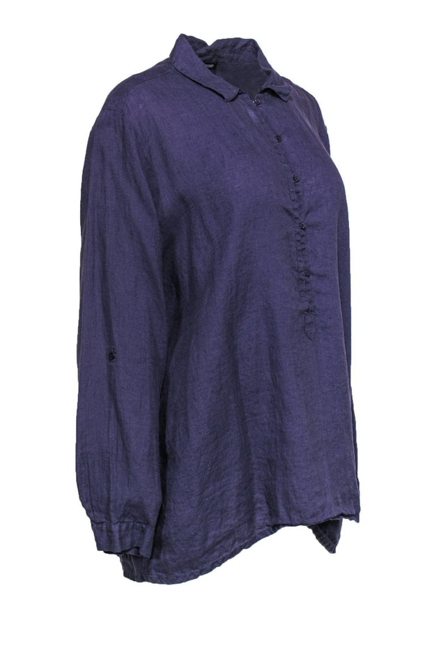 Current Boutique-Eileen Fisher - Purple Linen Front-Button Collared Blouse Sz L