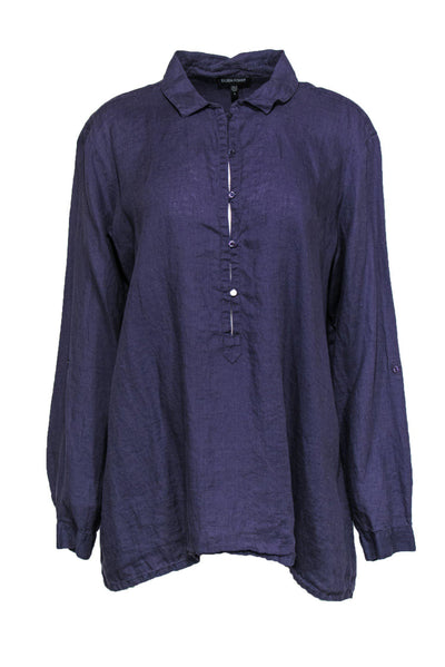 Current Boutique-Eileen Fisher - Purple Linen Front-Button Collared Blouse Sz L