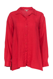 Current Boutique-Eileen Fisher - Red Long Sleeve Button-Up Linen Blouse Sz M