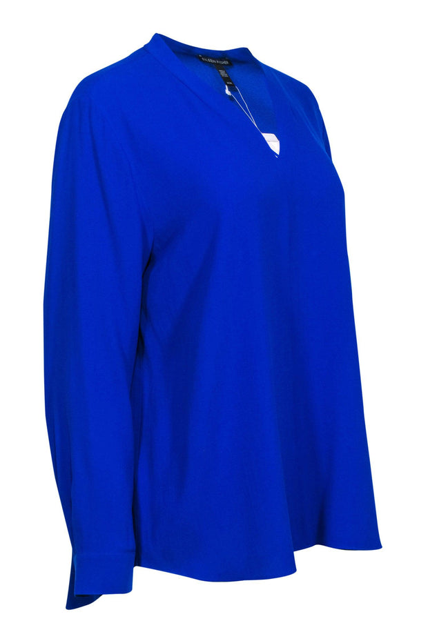 Current Boutique-Eileen Fisher - Royal Blue Silk V-Neck Peasant Top Sz M