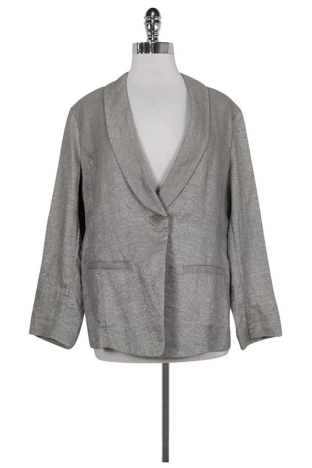 Current Boutique-Eileen Fisher - Silver Linen Shawl Collar Jacket Sz M