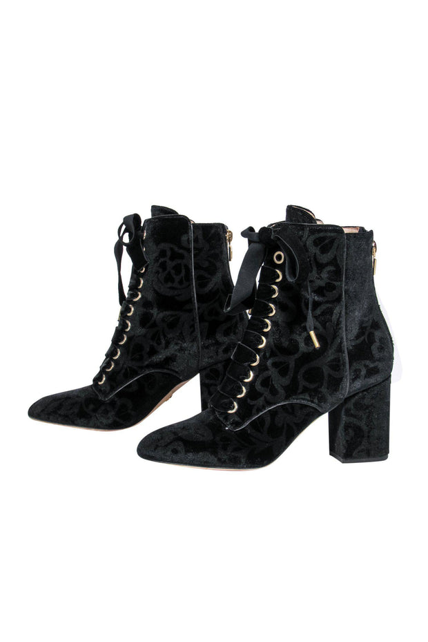 Current Boutique-Elie Saab - Black Velvet Brocade Lace-Up Heeled Booties Sz 7.5