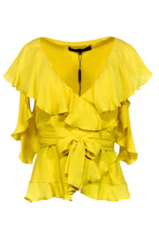 Current Boutique-Elie Saab - Yellow Ruffled Cold Shoulder Belted Wrap Blouse Sz 2