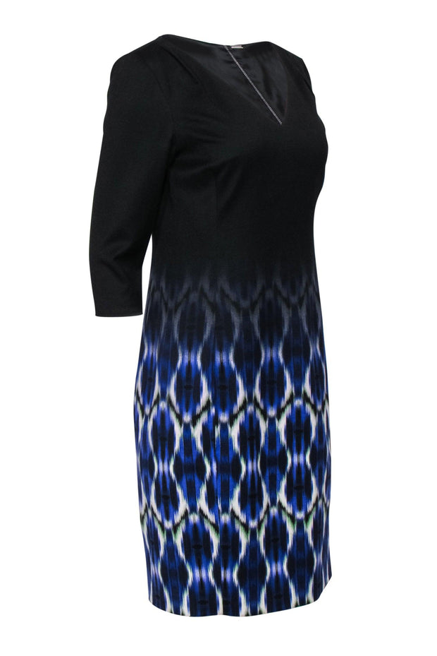 Current Boutique-Elie Tahari - Black, Blue & Green Printed Ombre Shift Dress Sz 8