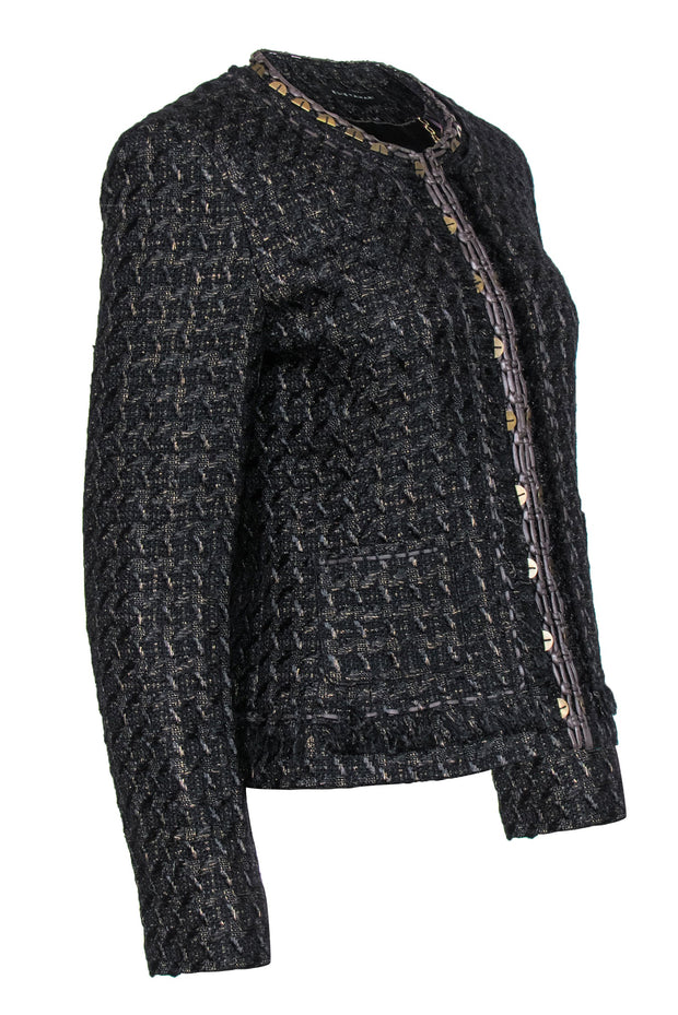 Current Boutique-Elie Tahari - Black & Gold Tweed Clasped Jacket w/ Braided & Embellished Trim Sz M