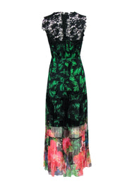 Current Boutique-Elie Tahari - Black & Green Leaf & Floral Print Pleated Silk Maxi Dress Sz S