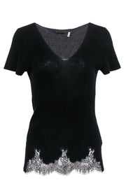 Current Boutique-Elie Tahari - Black Knit Short Sleeved Tee w/ Lace Hem Sz M