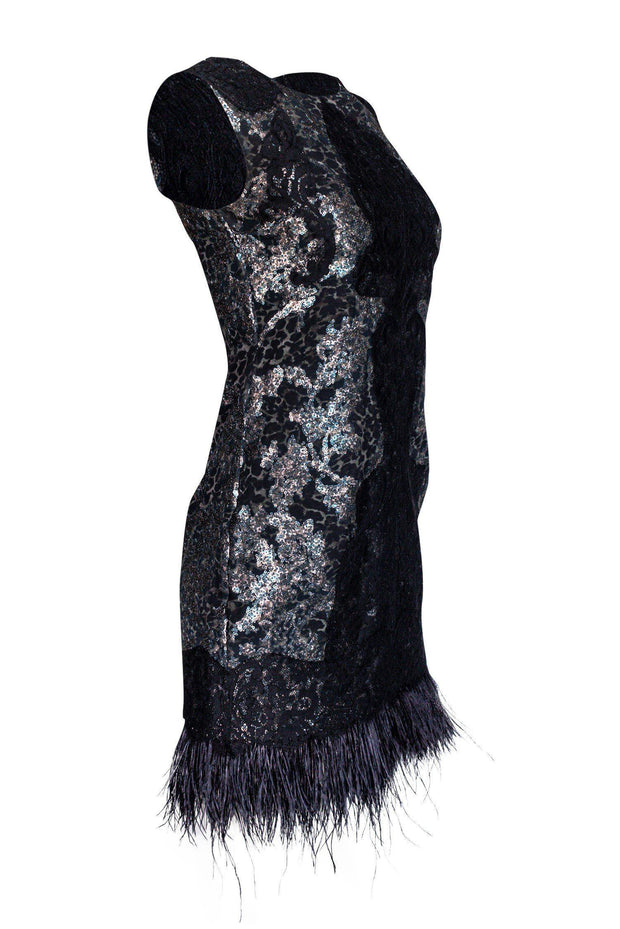 Current Boutique-Elie Tahari - Black Lace, Animal Print & Feather Dress Sz 0