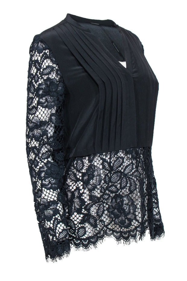 Current Boutique-Elie Tahari - Black Pleated & Navy Lace Blouse Sz M