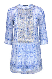 Current Boutique-Elie Tahari - Blue Marbled Silky Tunic Top w/ Gold Embroidery Sz XS