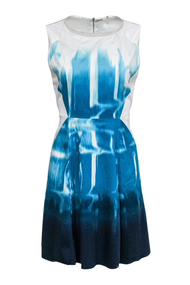 Current Boutique-Elie Tahari - Blue Ombre Swirl Printed A-Line Dress Sz 10