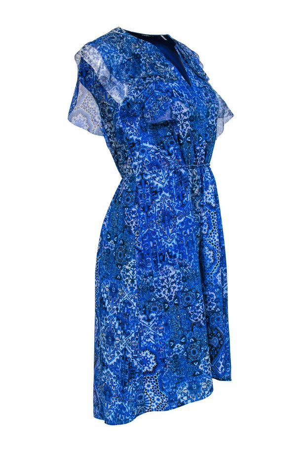 Current Boutique-Elie Tahari - Blue Printed Silk Dress w/ Ruffle Sleeves Sz 2