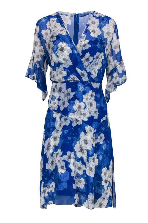 Current Boutique-Elie Tahari - Blue & White Floral Ruffle Sleeved Silk Dress Sz 10