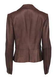 Current Boutique-Elie Tahari - Brown Leather Buttoned Collared Jacket Sz M