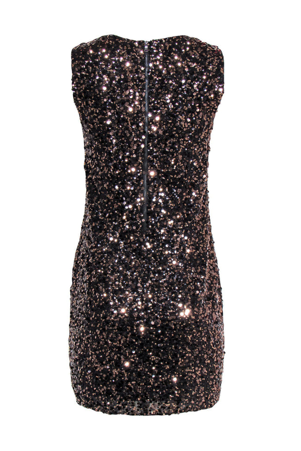 Current Boutique-Elie Tahari - Brown Sequin Sleeveless Shift Dress w/ Feather & Beaded Neckline Sz 6