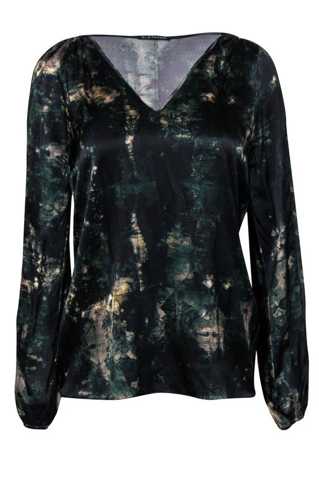 Current Boutique-Elie Tahari - Dark Green Floral Silk Blend Blouse Sz S